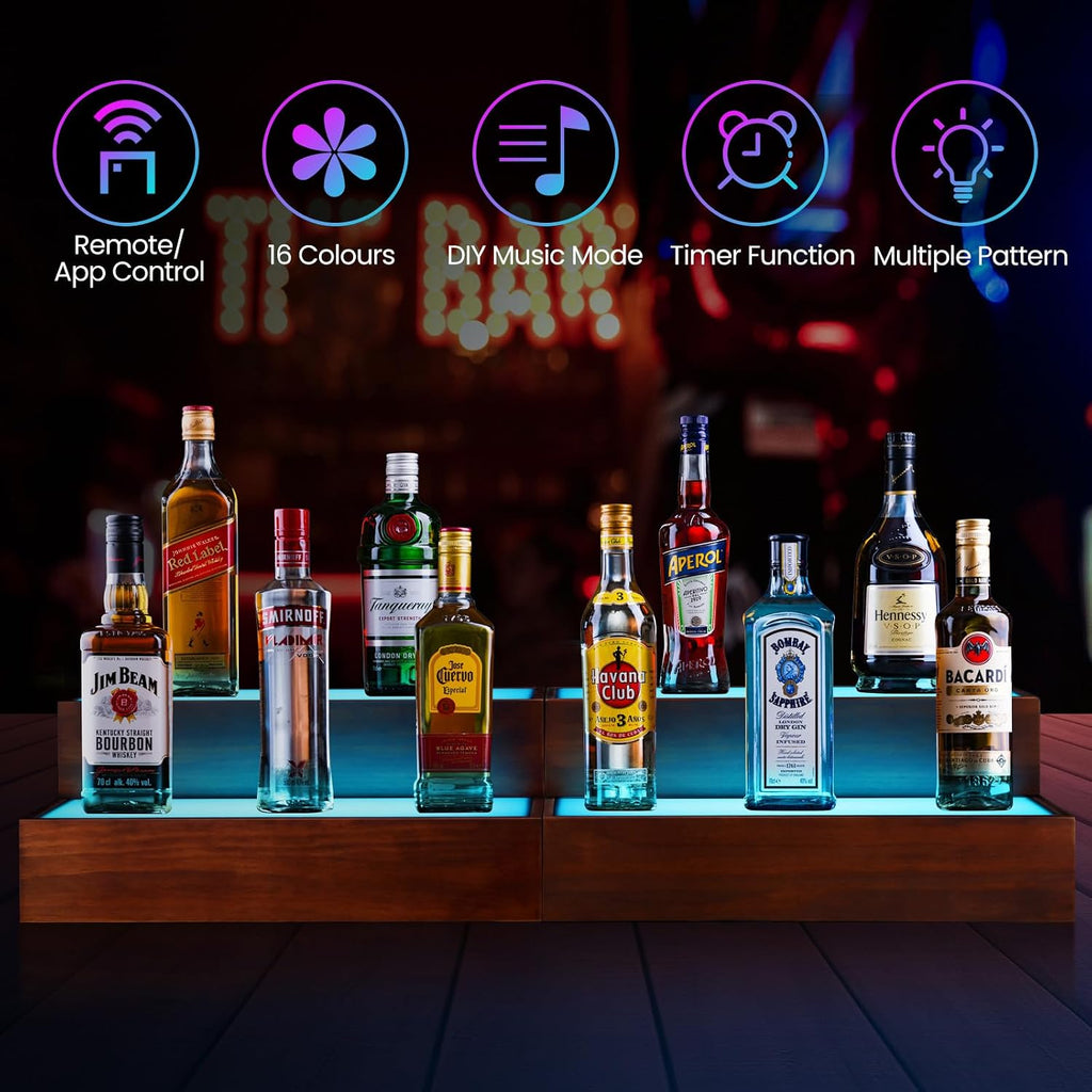 2 Pack LED Liquor Bottle Display Shelf , 2 Tier Real Wood Bar Shelves for Liquor Bottles, Lighted Bar Bottle Display Shelves with Remote, Bottle Organizer for Home Bar, Holds Up to 20 Bottles