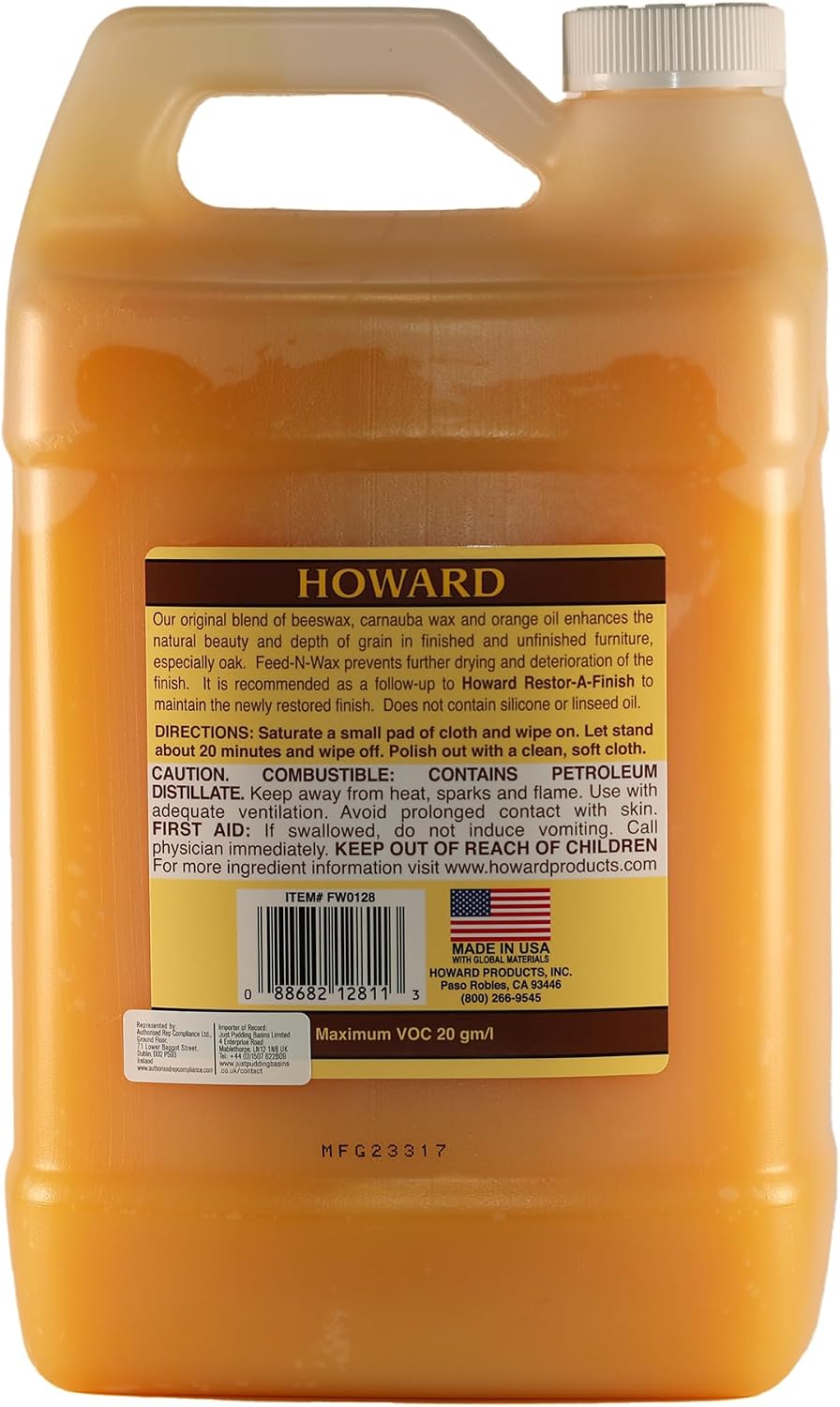 Howard Products Beeswax Wood Polish & Conditioner, Feed-N-Wax for Wood Furniture Polish, 128 Fl oz, Orange