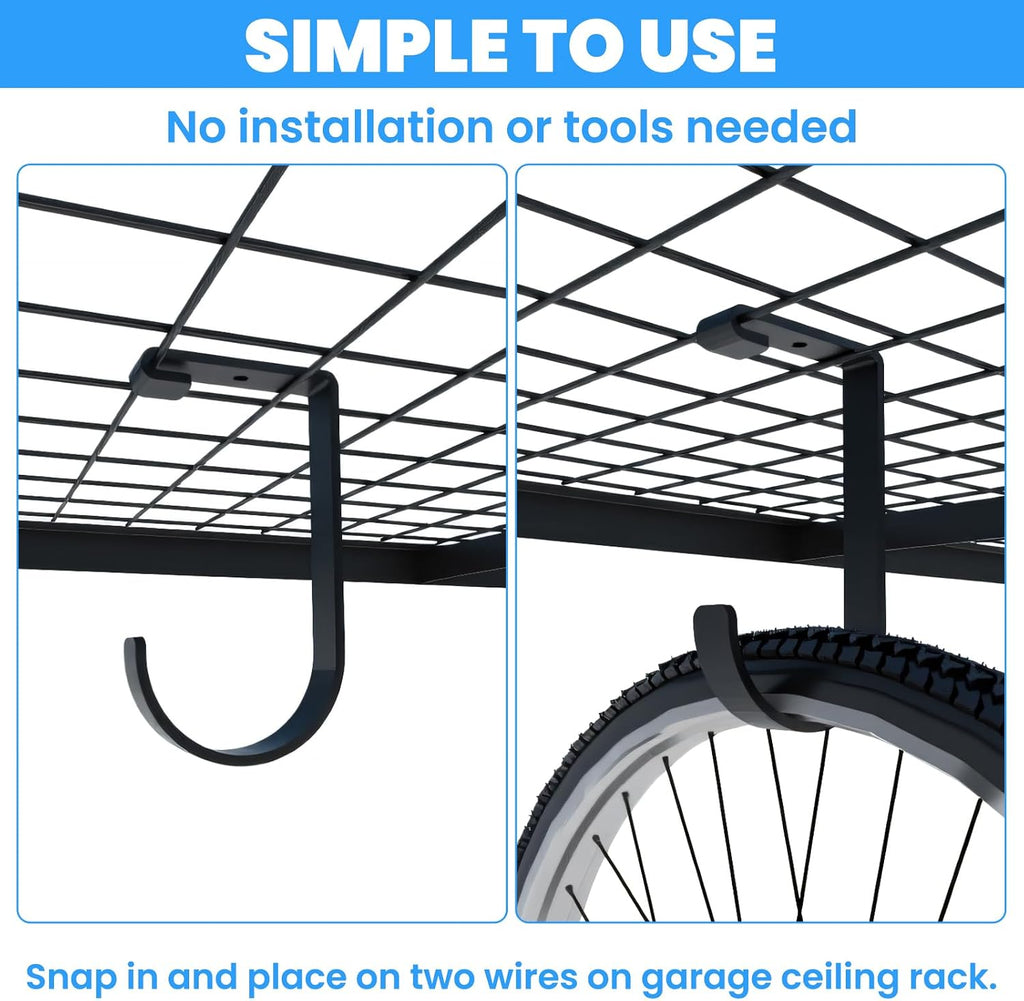6 Pack Heavy Duty Bike Hooks for Garage Ceiling, Garage Ceiling Hooks with Screws, 70 lbs Capacity Each, Strong Iron Construction for Overhead Organization