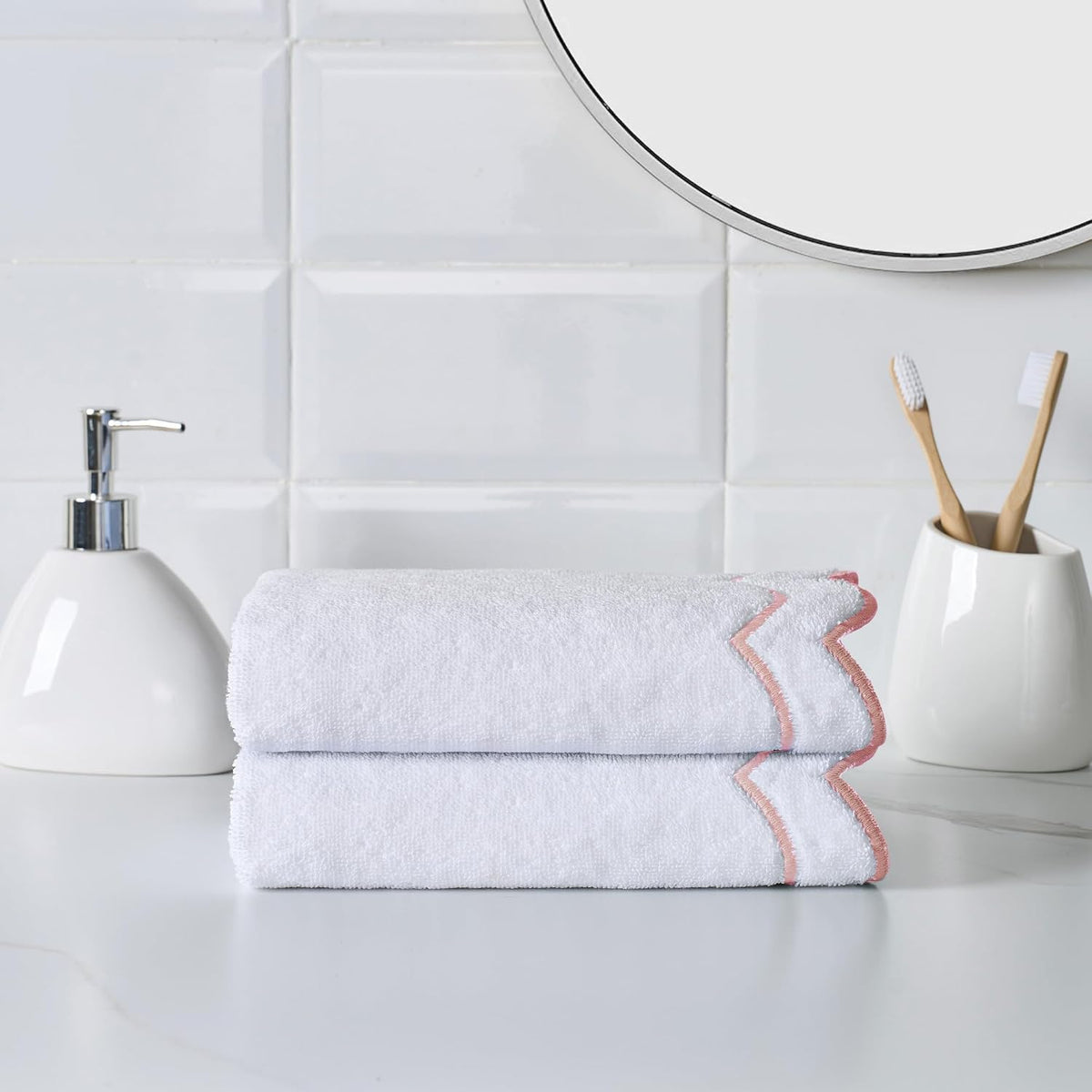 Peri Home 100% Cotton Hand Towel for Bathroom, Embroidered, Soft & Absorbent, 500 GSM, 1 Piece, 16" x 27", White with Blush Scallop