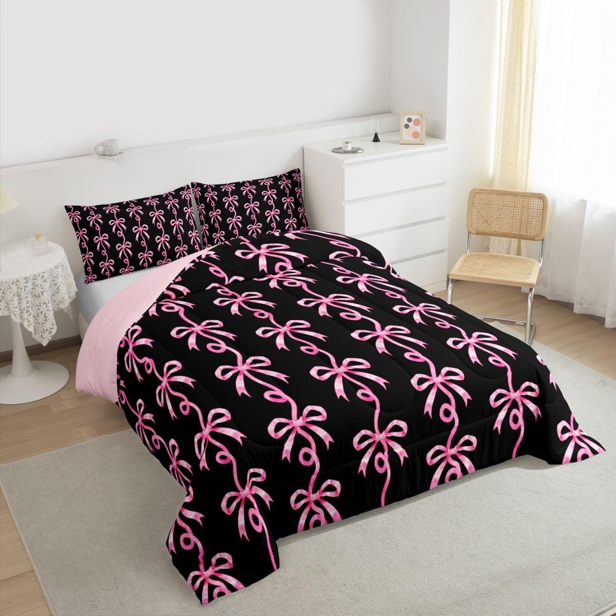 Erosebridal Pink and Black Bow Twin Comforter Set | Cute Coquette Bowtie Bedding Sets for Girls Kids, Pink Ribbon Bow Tie Striped Bed Set, Aesthetic Bows Room Decor, 1 Pillowcase