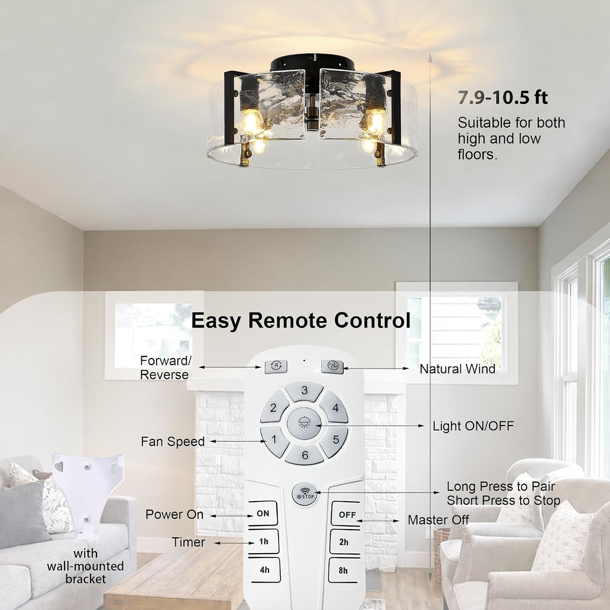 Garwarm 20 Inch Ceiling Fan with Lights and Remote, Black Glass Fandelier