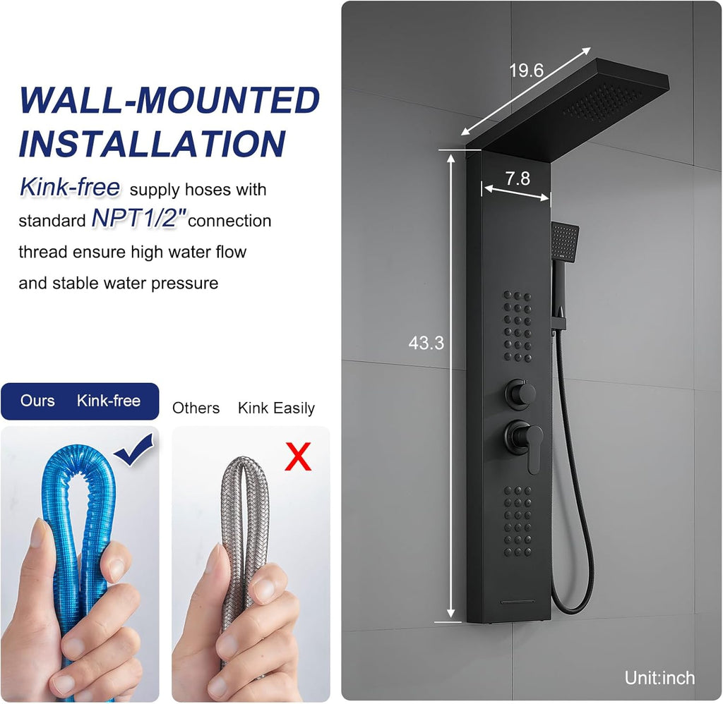 ROVATE 4 in 1 Shower Panel Tower with Powerful Body Jets, Matte Black