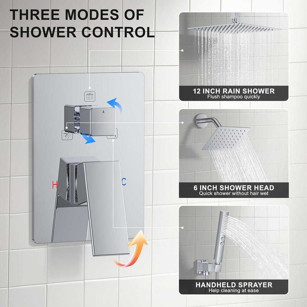 Rain Shower System 12"&6"Dual Shower Head Ceiling Shower Faucet Set