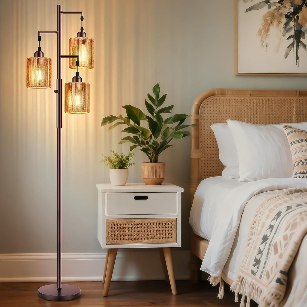 Hotsonic 72" Boho Rattan Tree Floor Lamp, Tall Dimmable Industrial Standing Lamp, Corner Decor Accent Lighting for Living Room, Bedroom, Dining Room, Nursery, Cafe (3 x 800LM Bulbs Included) - Brown
