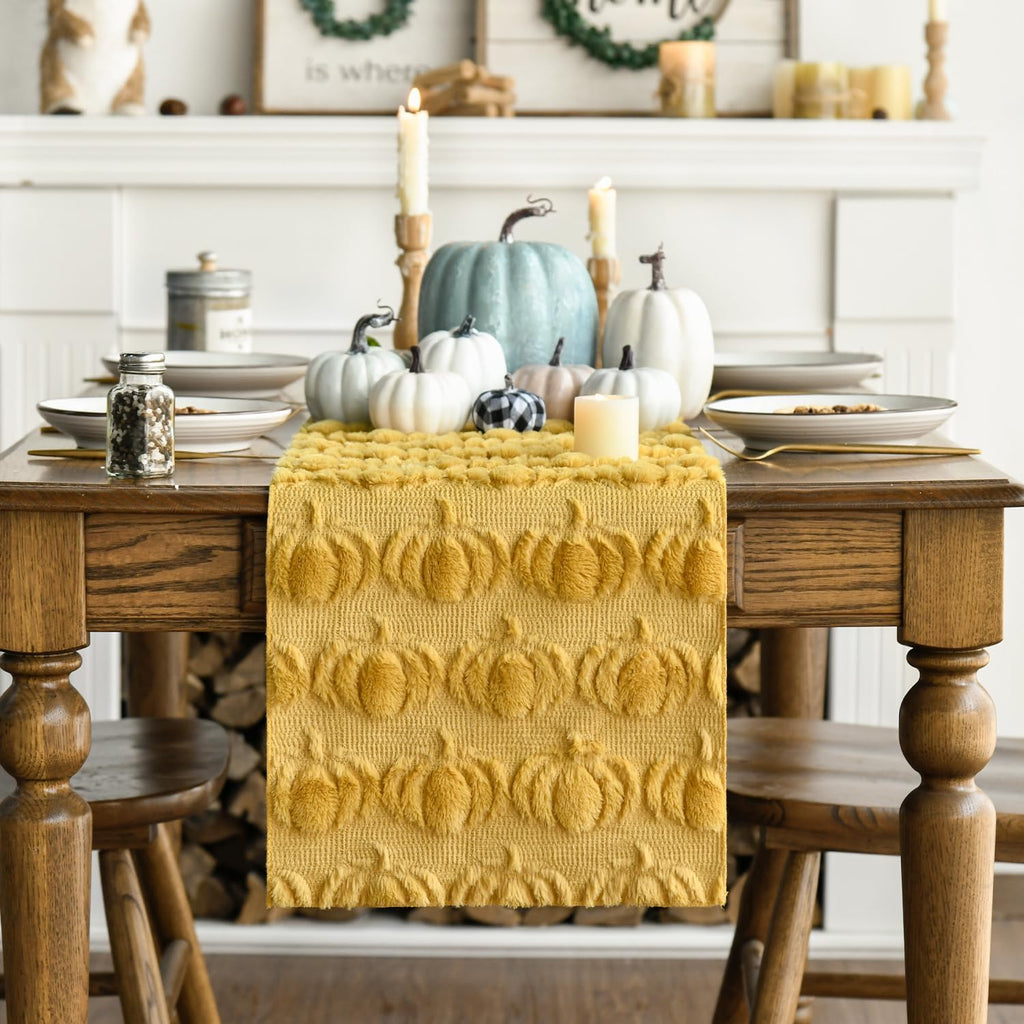 Artoid Mode Ginger Soft Faux Fur Pumpkins Fall Table Runner 13x72 Inch