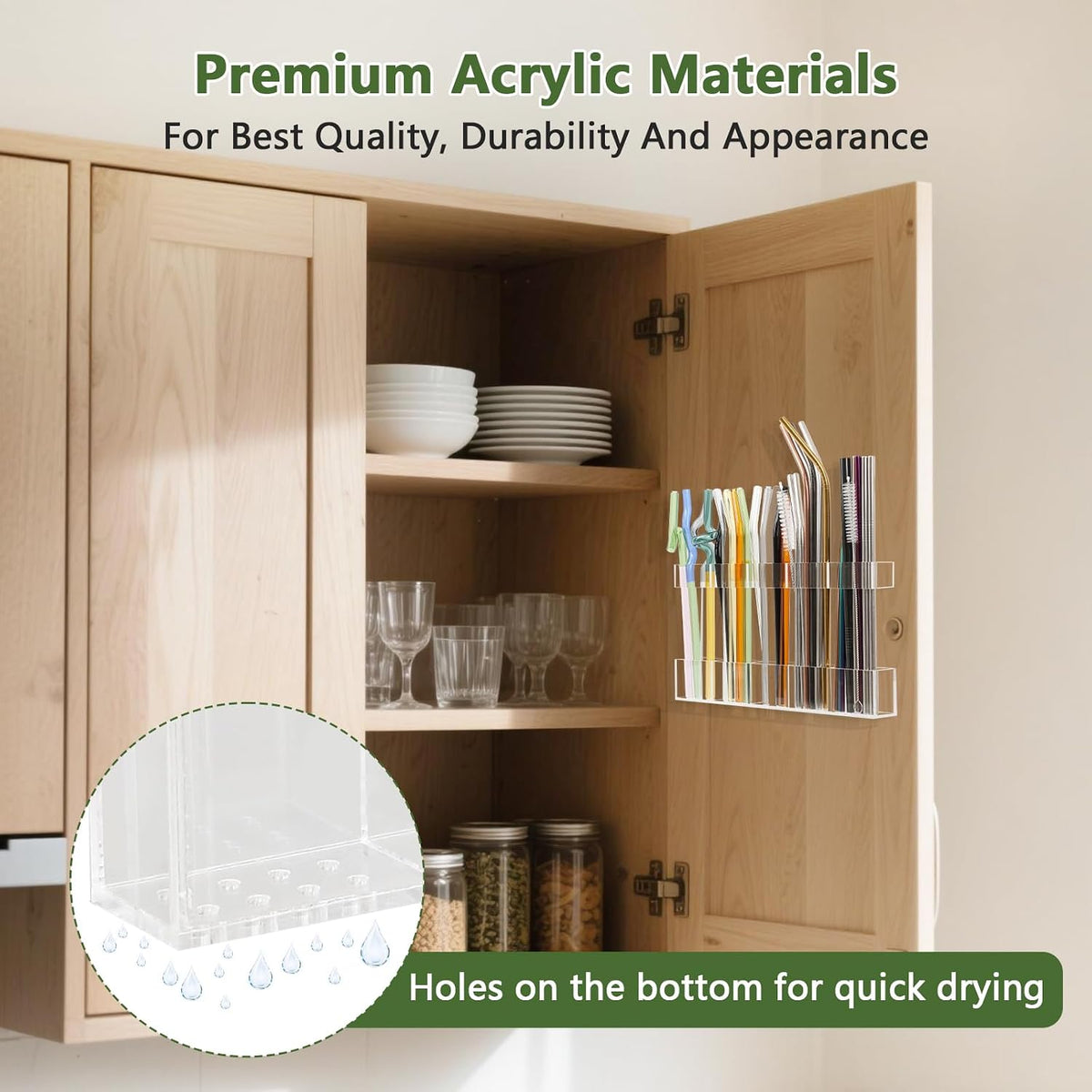 Malldii 9.5" Large Acrylic Straw Holder for Cabinet Door - Adjustable Reusable Straw Organizer Storage, Small Kitchen Accessories Container, Ultra Sticky Cupboard Door Mounted (Transparent)