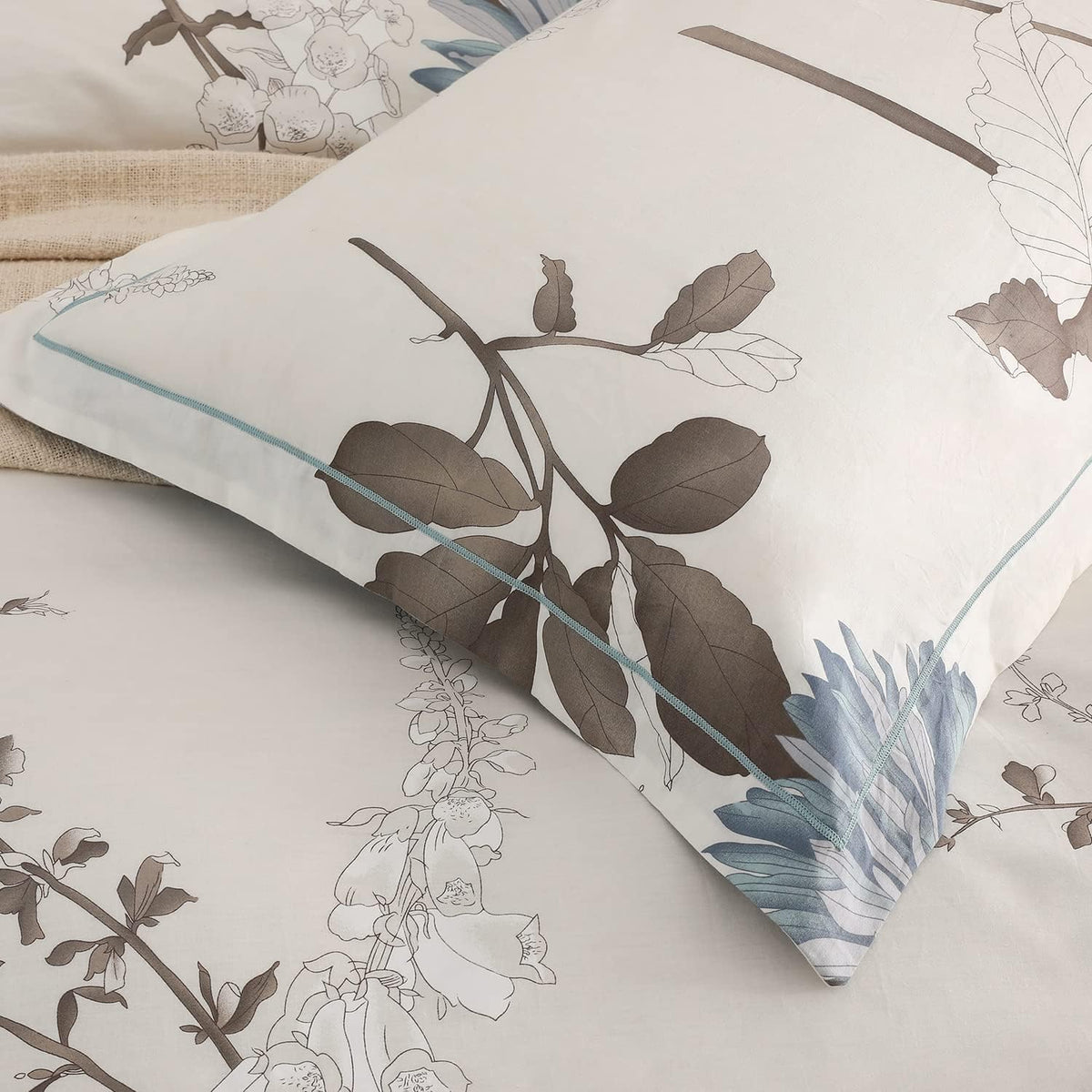 SLEEPBELLA Comforter King Size, 600 Thread Count Cotton Brown Branches and Blue Flowers Off-White Comforter Sets, Down Alternative Bedding Set 3Pcs(King, Off-White Botanical)