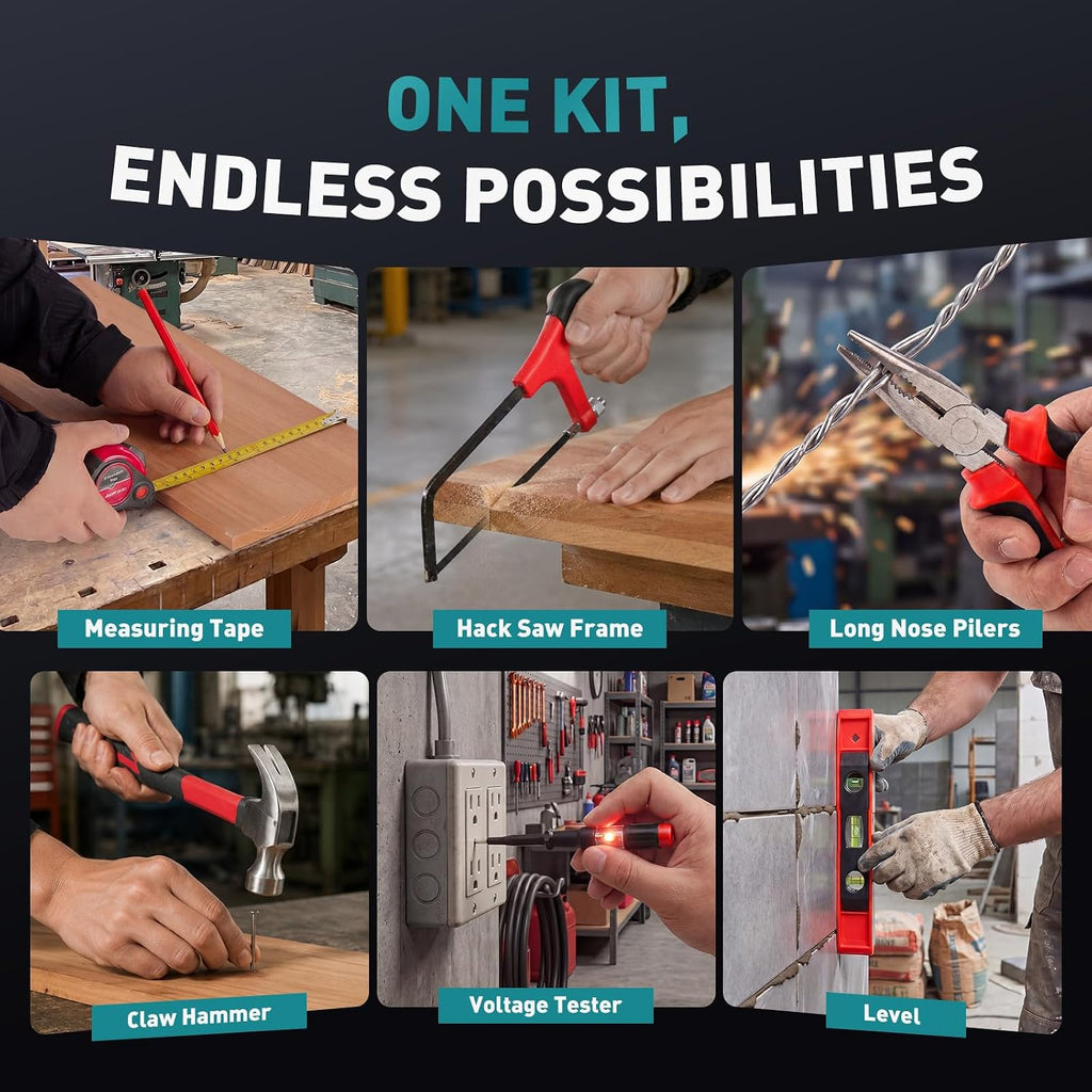 OLIXIS 330 Piece Home Repair Tool Kit with Pull-Out Drawer, Carbon & Cr-V Steel Tool Box, Complete Homeowners Repair Kit for DIY & Auto Maintenance for Home, Black-Red