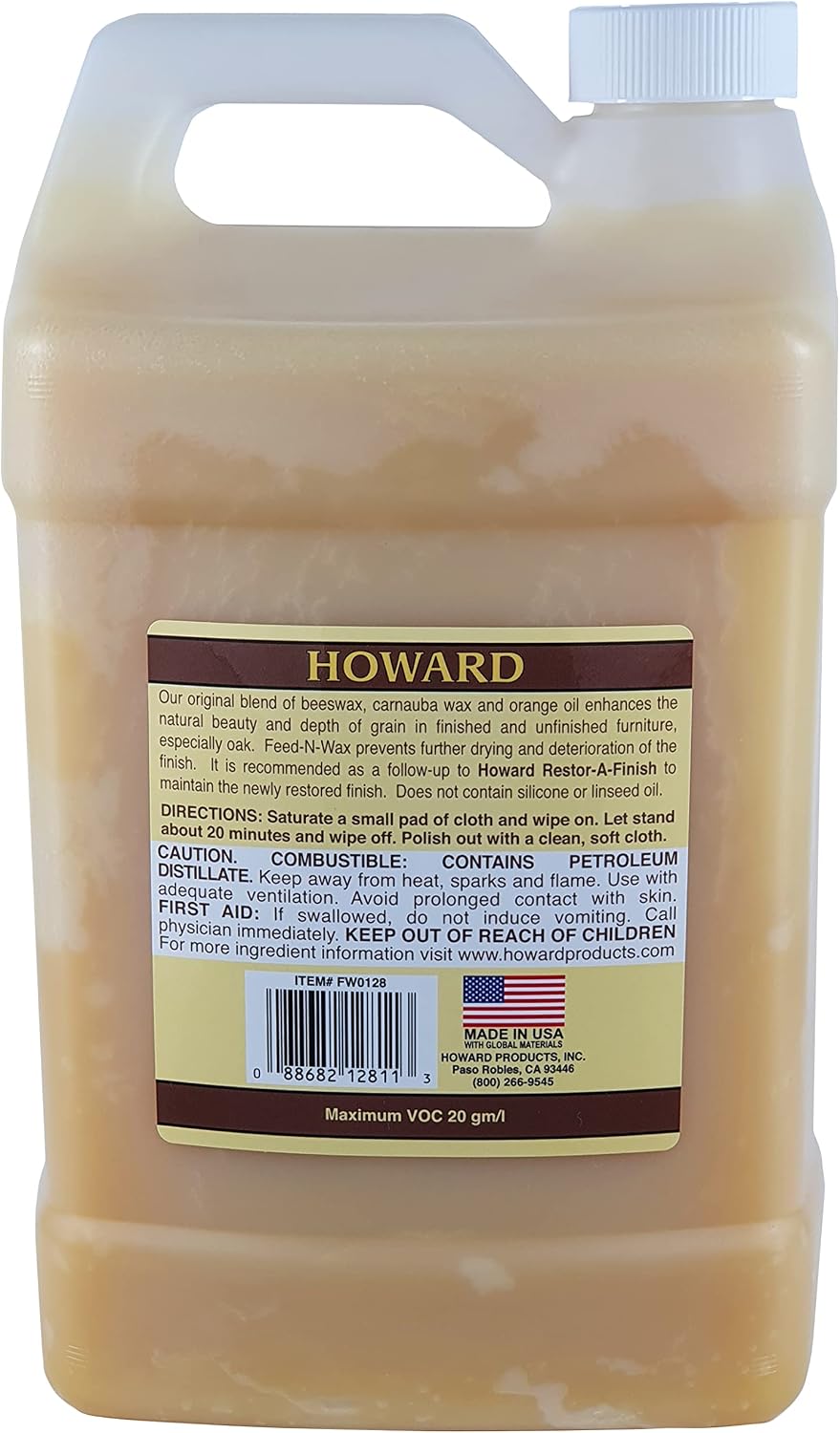 Howard Products Beeswax Wood Polish & Conditioner, Feed-N-Wax for Wood Furniture Polish, 128 Fl oz, Orange