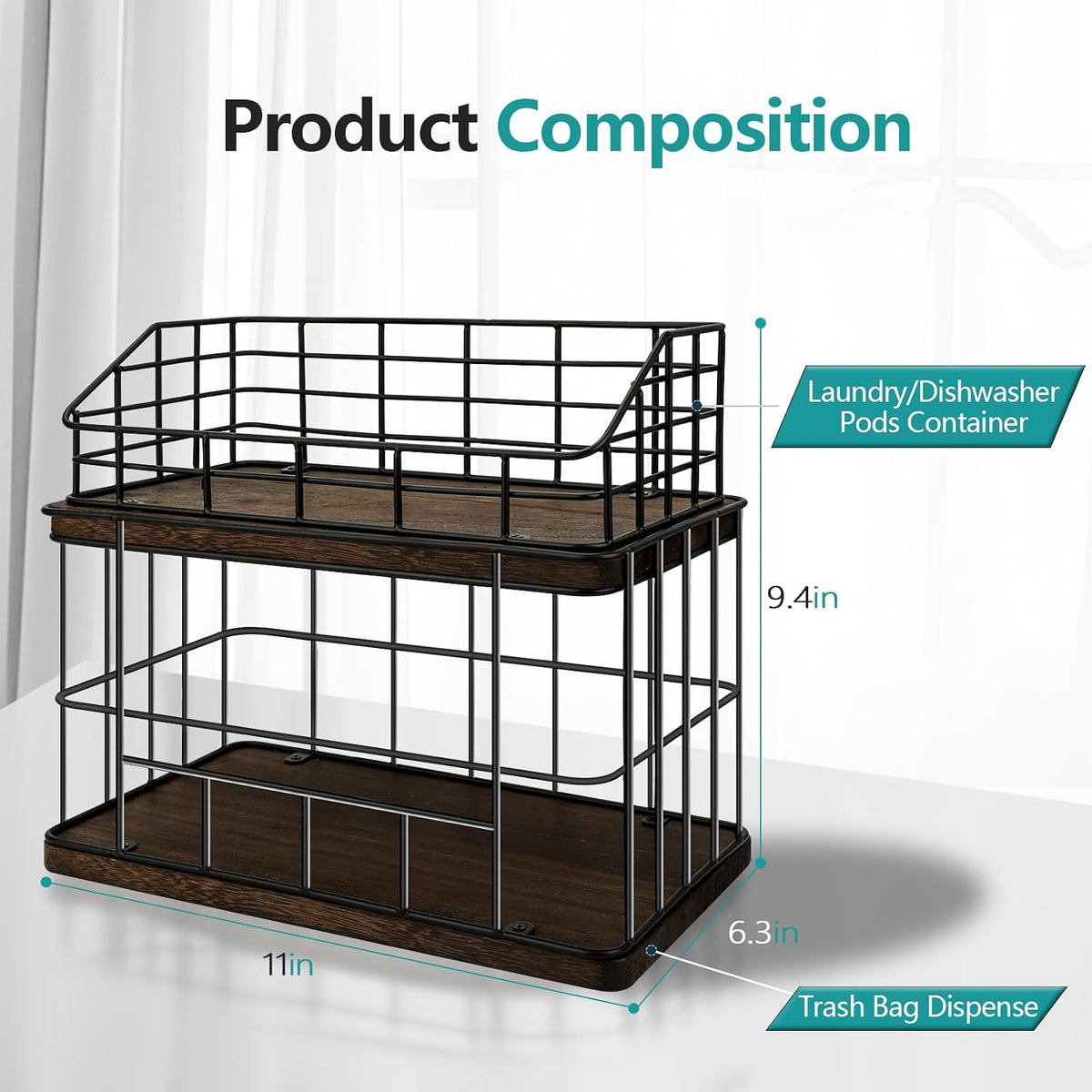 2-in-1 Trash Bag Holder & Dishwasher Pods Organizer, Extra Large Trash Bags Dispenser, Kitchen Organizer and Under Sink Storage Box