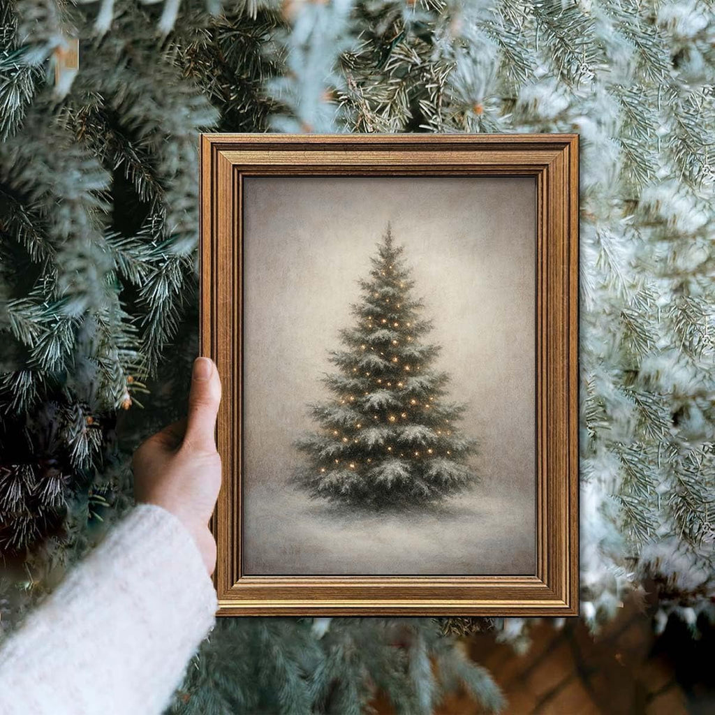 Gold Framed Vintage Christmas Tree Canvas Wall Art Farmhouse Rustic Pine Tree Winter Print Botanical Holiday Decor for Living Room Bedroom Entryway (Vintage Christmas Tree, 12L" x 9.5W")