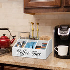 ugiftt Coffee Station Organizer for Counter, Wood Coffee Pods Holder Storage Basket, Tea Condiment Storage Organizer, Rustic Wood Bar Decor for Accessories