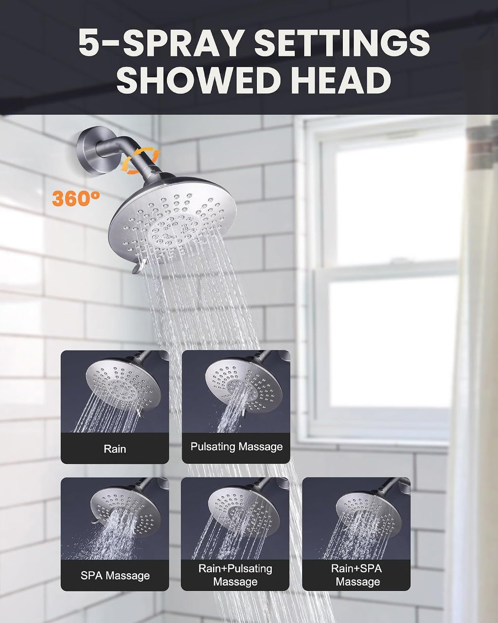 Bathtub Shower Faucet Set with Valve, 6-Inch Showerhead and Tub Spout