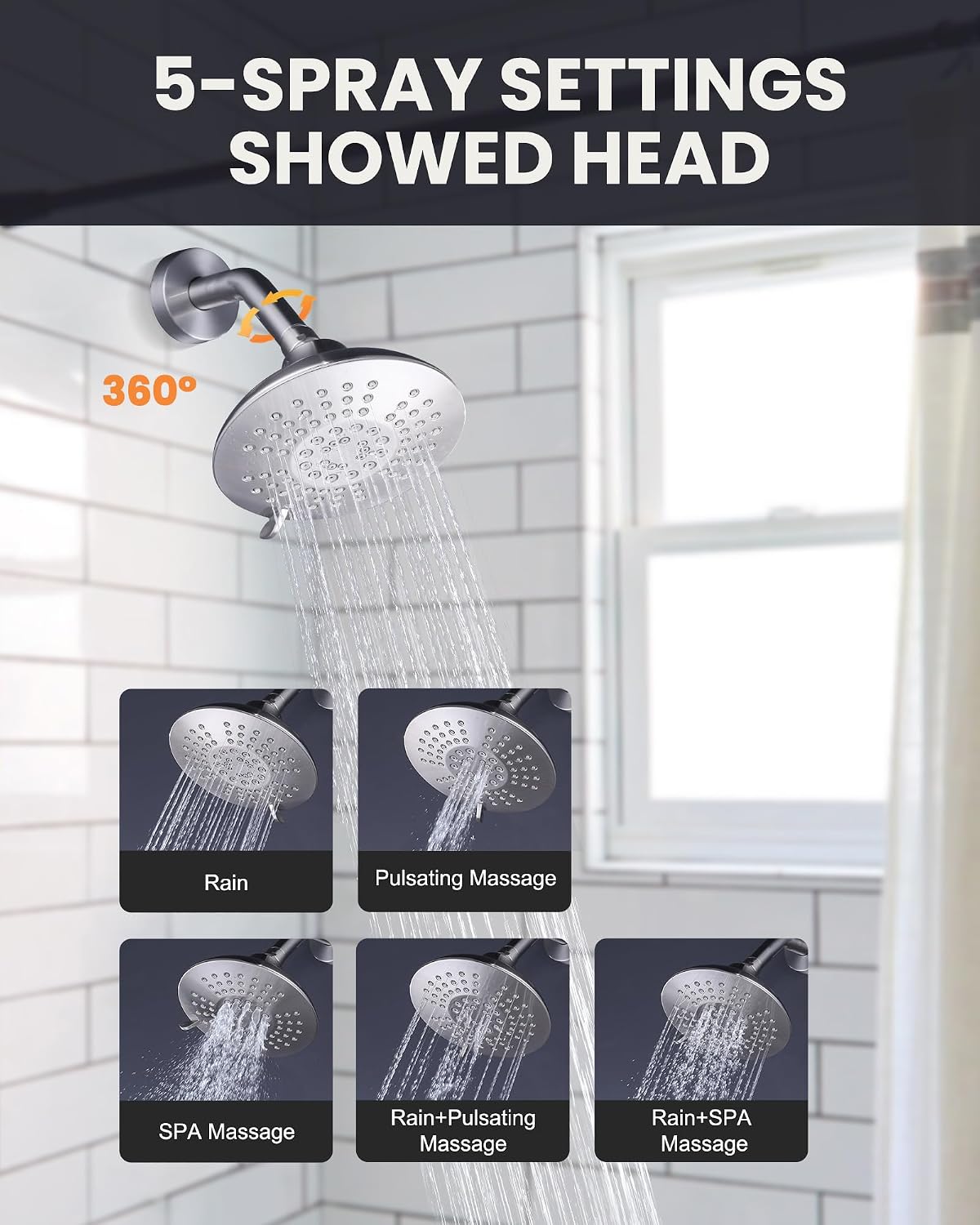 Bathtub Shower Faucet Set with Valve, 6-Inch Showerhead and Tub Spout