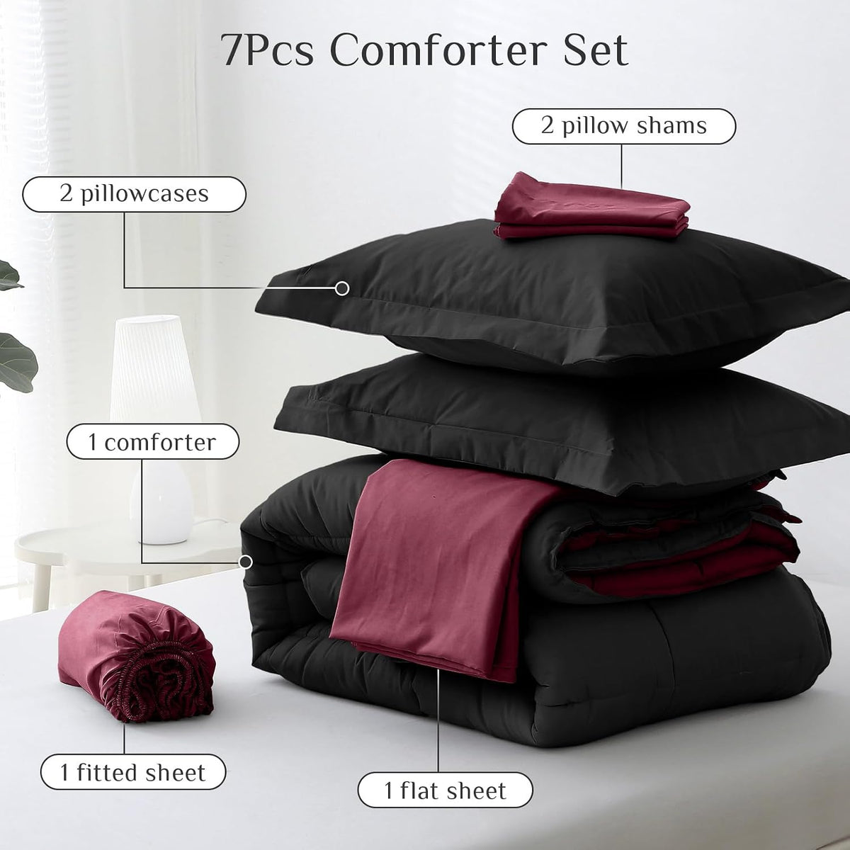 JOLLYVOGUE Queen Comforter Set, Ultra-Soft Bed in a Bag Queen Size 7 Pieces, Oeko-TEX Certified Bedding Set with Down Alternative Comforter, Sheets, Pillowcases & Shams, Black & Deep Burgundy