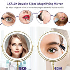 Gold Makup Mirror with Lights, 10X Magnifying Lighted Vanity Mirror, 8 Inches 360 Swivel Two-Sided Tabletop Mirror Gold Finish