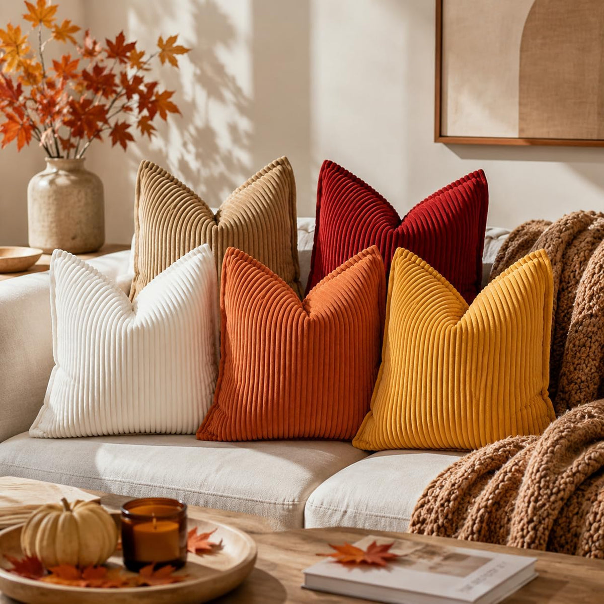 decorUhome Fall Corduroy Rust Throw Pillow Covers 18x18 Set of 2