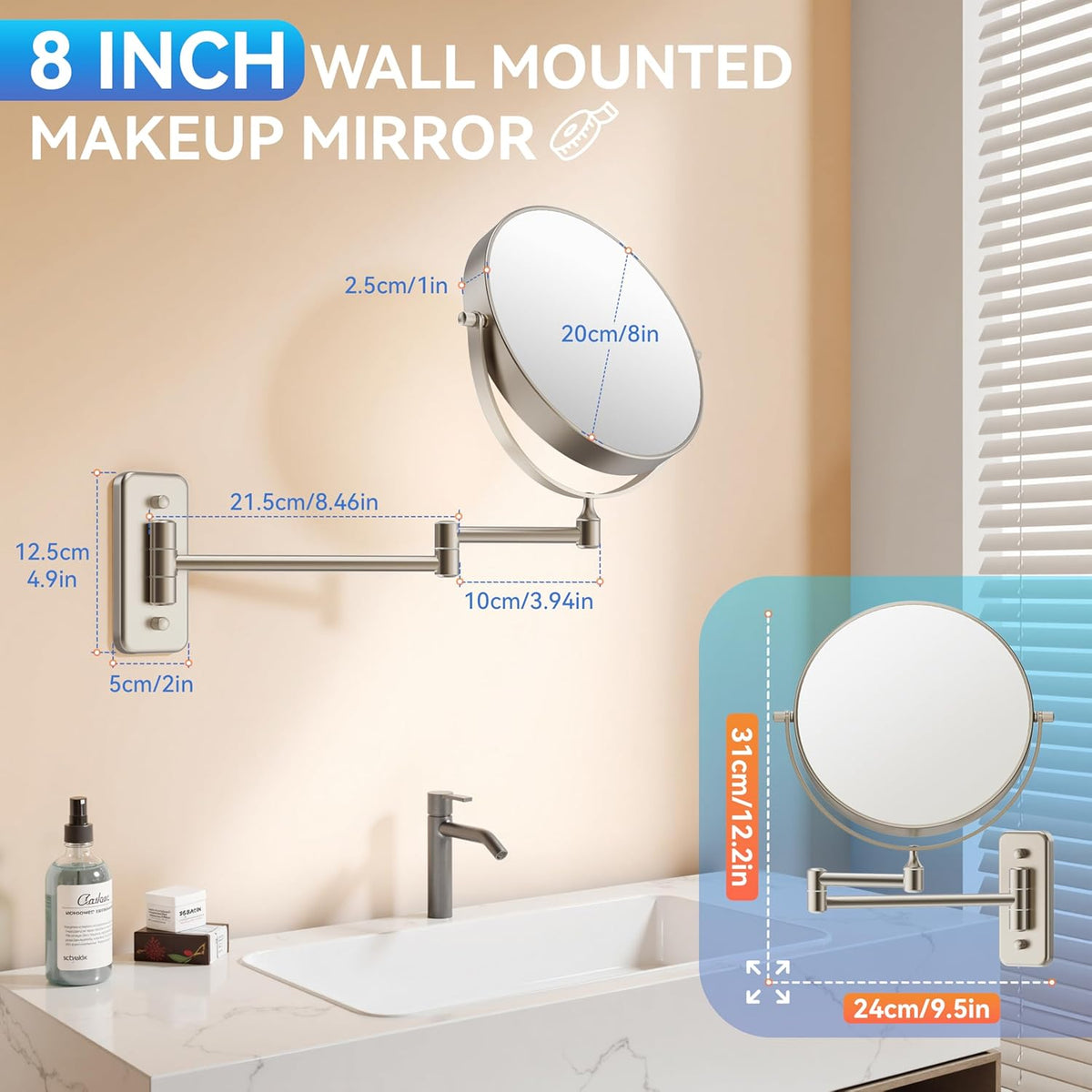 Auxmir 8" Double-Sided Wall-Mounted Makeup Mirror, 1X/30X Magnifying Mirror