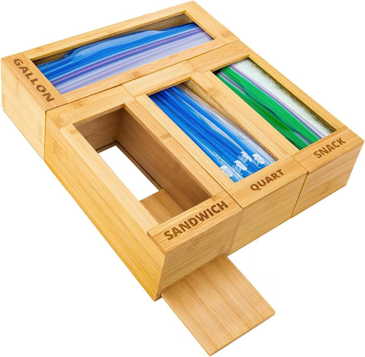 mHomeAid Bag Storage Organizer - Bamboo Food Plastic Baggie Holder, Dispenser, and Container for Kitchen Drawer - Fits Ziplock and Ziploc Gallon, Quart, Sandwich & Snack Sized Slider Bags (Bamboo)