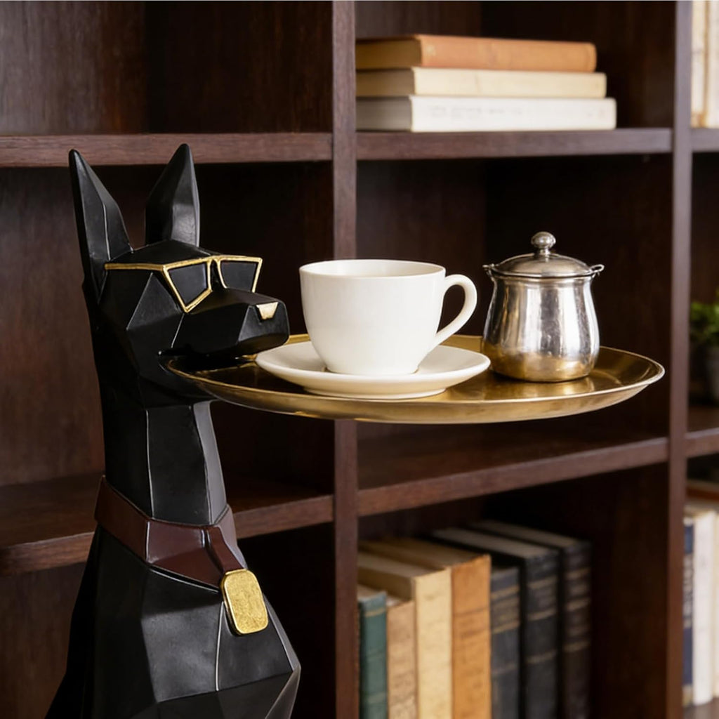 29-Inch Black Resin Geometric Doberman Statue with Tray, Dog Side Table
