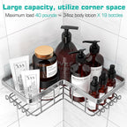 YASONIC Corner Adhesive Shower Caddy, with Soap Holder and 12 Hooks, Rustproof Stainless Steel Bathroom Organizer, No Drilling Wall Mounted Rack, Brushed Silver, 3-Pack