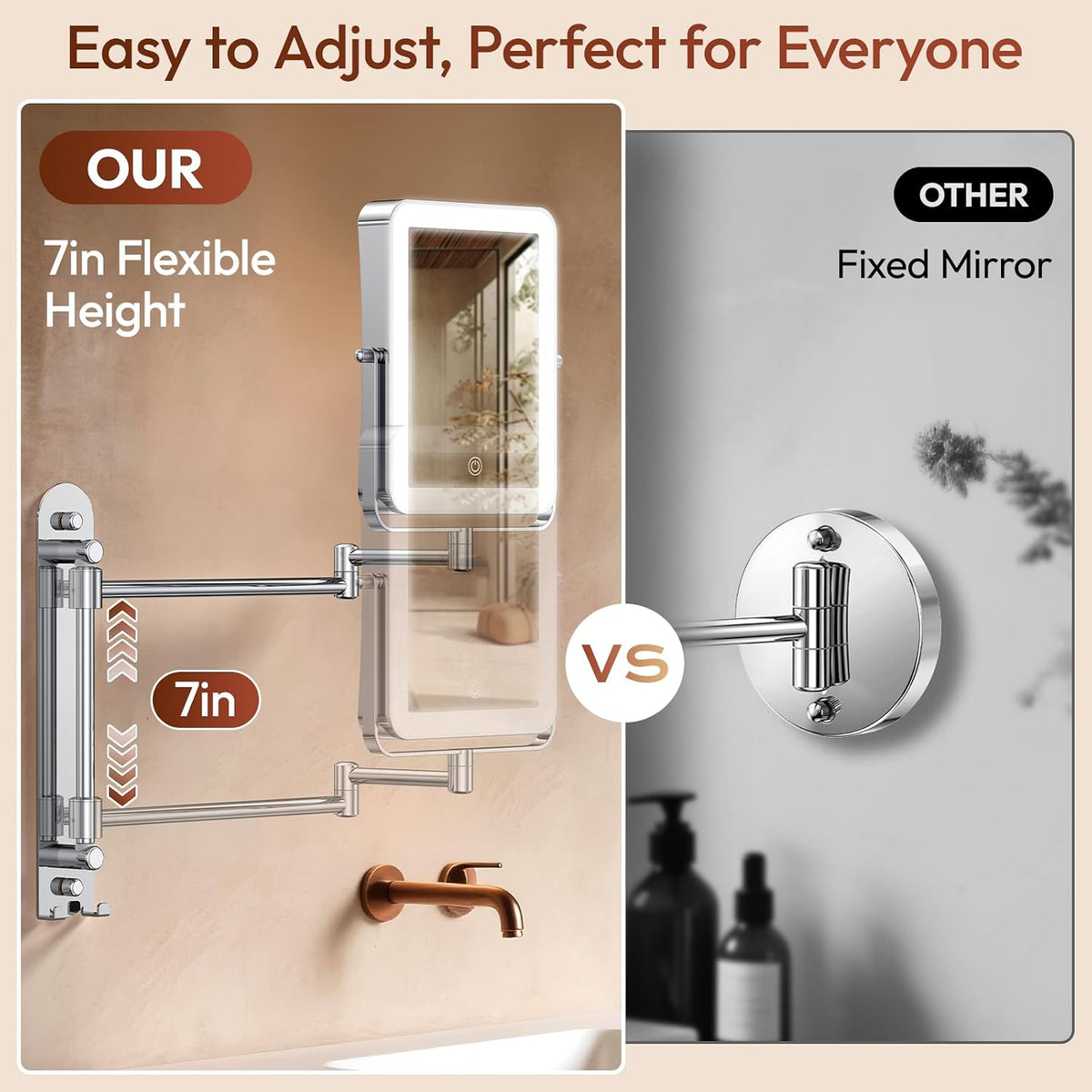 7“ Height Adjustable Wall Mounted Lighted Makeup Mirror with Light