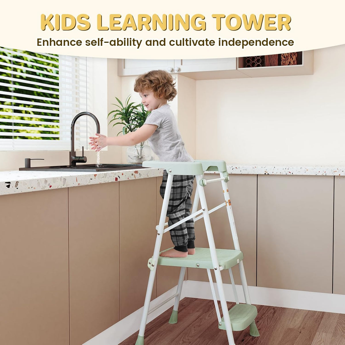 HBTower Kids 2 Steps Step Stool, Foldable Toddler Tower with Safety Railing