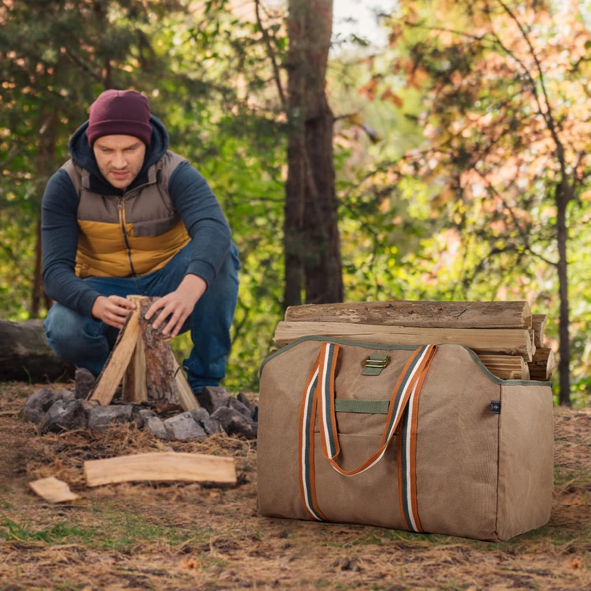 Firewood Carrier Bag Waxed Canvas Waterproof Extra Large Log Carrier Holder Freestanding Tote Bag for Firewood