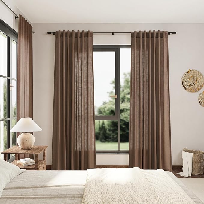 Caramel Brown Linen Curtains for Living Room 98 Inches Long Back Tab and Rod - Image 7