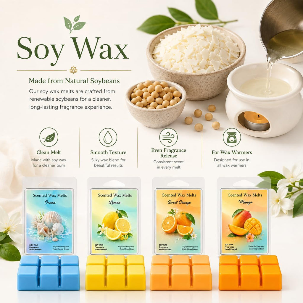 Wax Melt 4 Pack 2.5 Oz Each Wax Melts 10 Oz Total Scented Wax Melt Wax Cubes for Warmer Strong Scent Wax Melt Home Fragrance Candle Melts Wax Warmer Cubes Lemon, Sweet Orange, Ocean, Mango