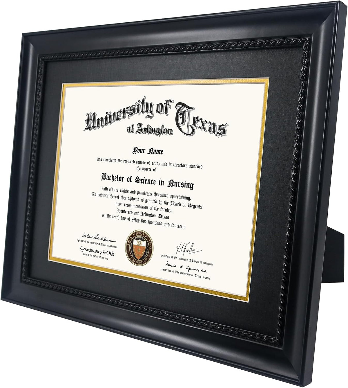 GMFrames 8.5x11 Diploma Degree Frame with Mat or Display 11x14 Certificates without Mat,Solid Wood,Black Finish with Intricate Black Rope Detail,UV Protection Acrylic