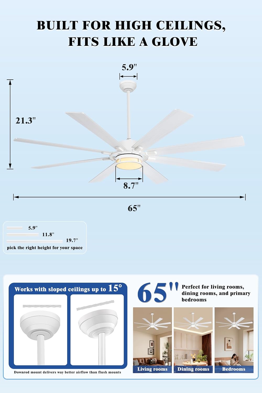 65 Inch Ceiling Fan with Light, White Large Metal Downrod Ceiling Fan Light White, 3CCT, 6 Speed Ceiling Fans with 3 Downrods for Living Room Bedroom, UL Listed