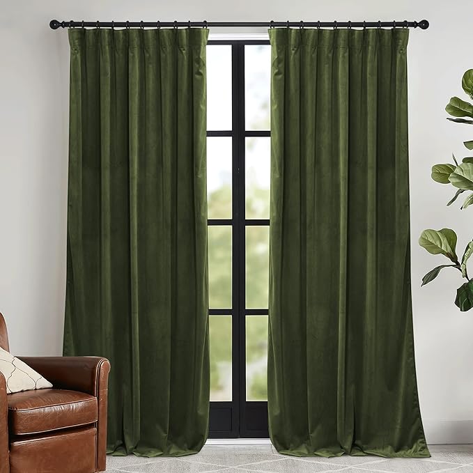 RYB HOME Green Velvet Curtains 96 inch, Solid Room Darkening Window Curtains by RYBHOME