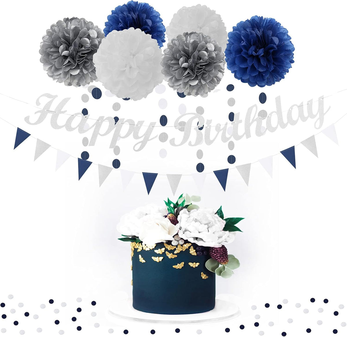 Navy-blue Silver Men-boys Birthday Decorations - 27pcs Party Kits Happy Birthday Banner Flags,40th 50th Birthday Decor Tissue Paper Pom Poms,Tassel Streamers Garland Party supplies Lasting Surprise