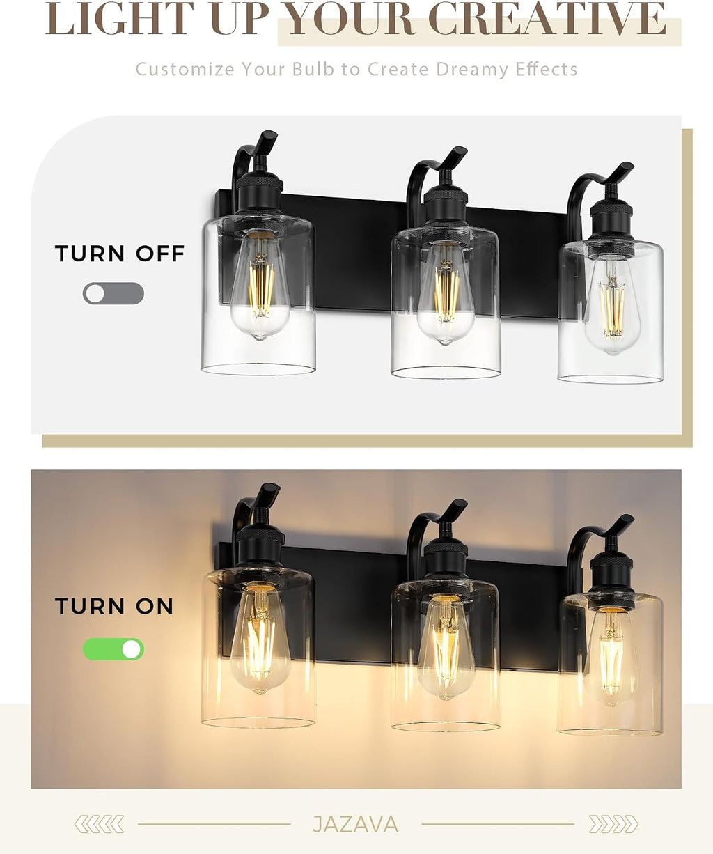3-Light 19 Inch Bathroom Vanity Light,Clear Glass,Black