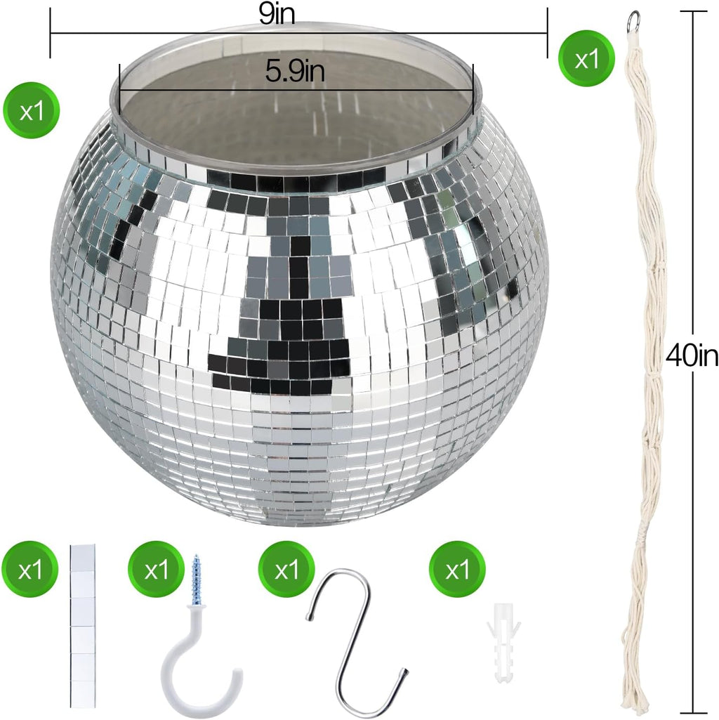 9” Silver Disco Ball Planter with Hanging Rope, Hook