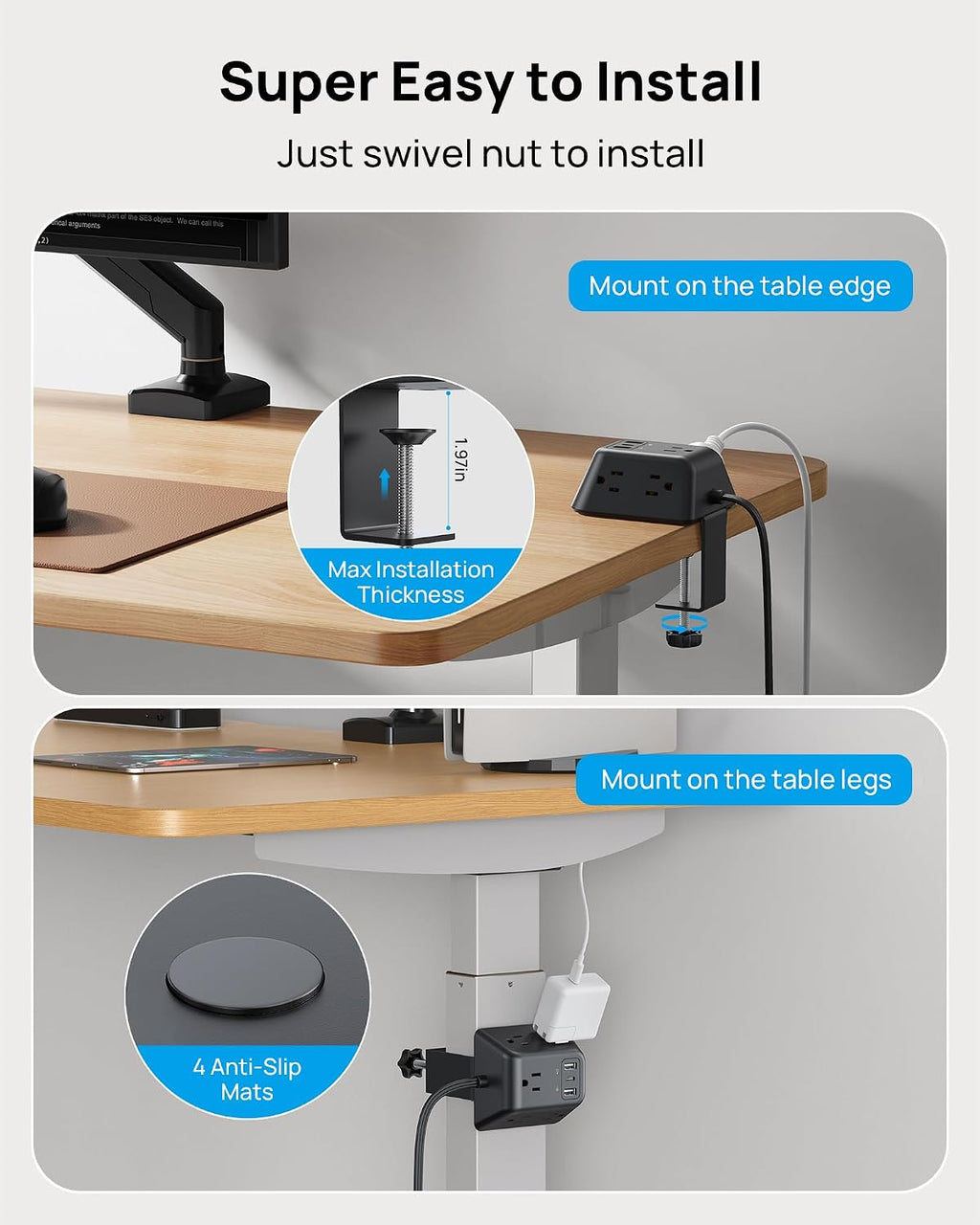 TROND Desk Clamp Power Strip with 5 AC Outlets and 3 USB Ports, Black