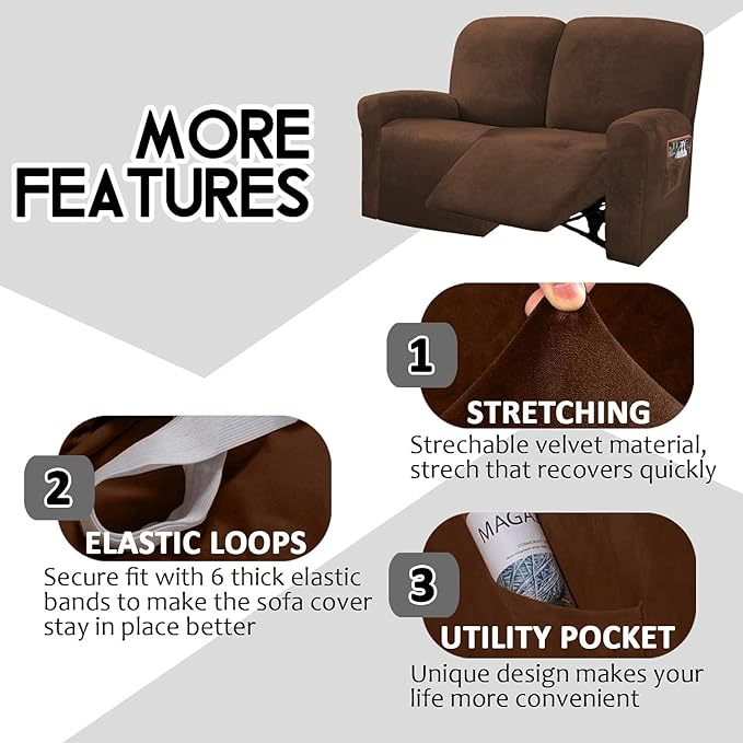 ULTICOR Reclining Love Seat Slipcover, 6-Piece Velvet Stretch Loveseat - Image 5
