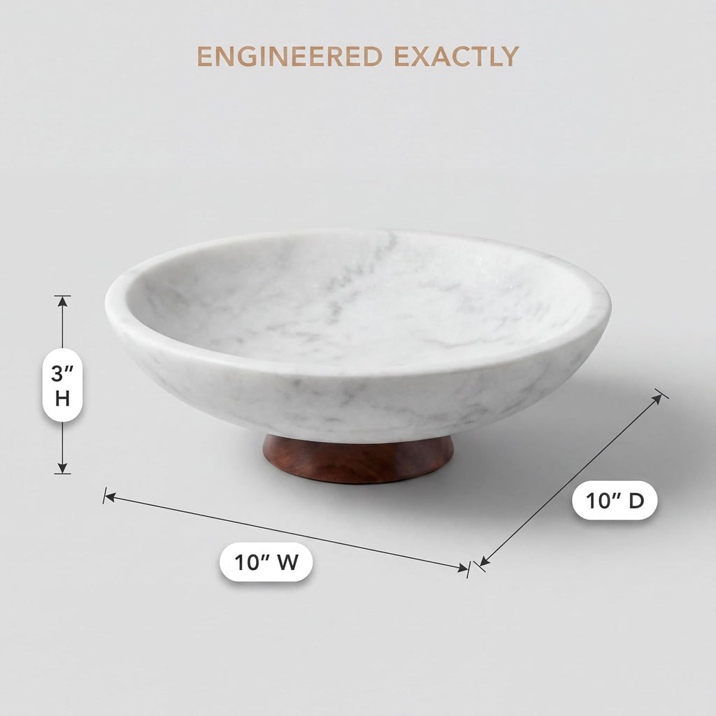 Decorative Marble Bowl White - Removable Acacia Wood Pedestal - 10"