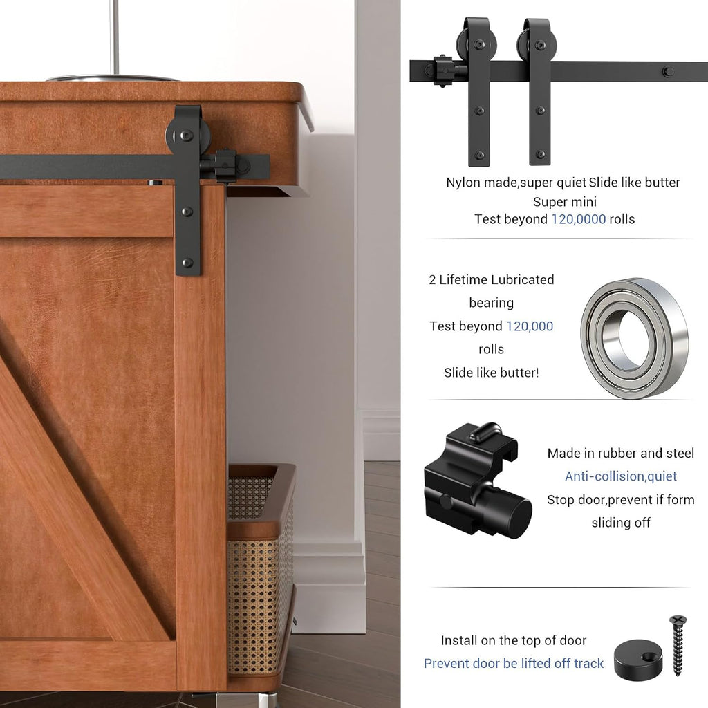 3FT Super Mini Cabinet Small Sliding Barn Door Hardware Track Kit Apply for Storage Window TV Stand-Fit 15"-18" Wide Door Panel-J Shape Hanger