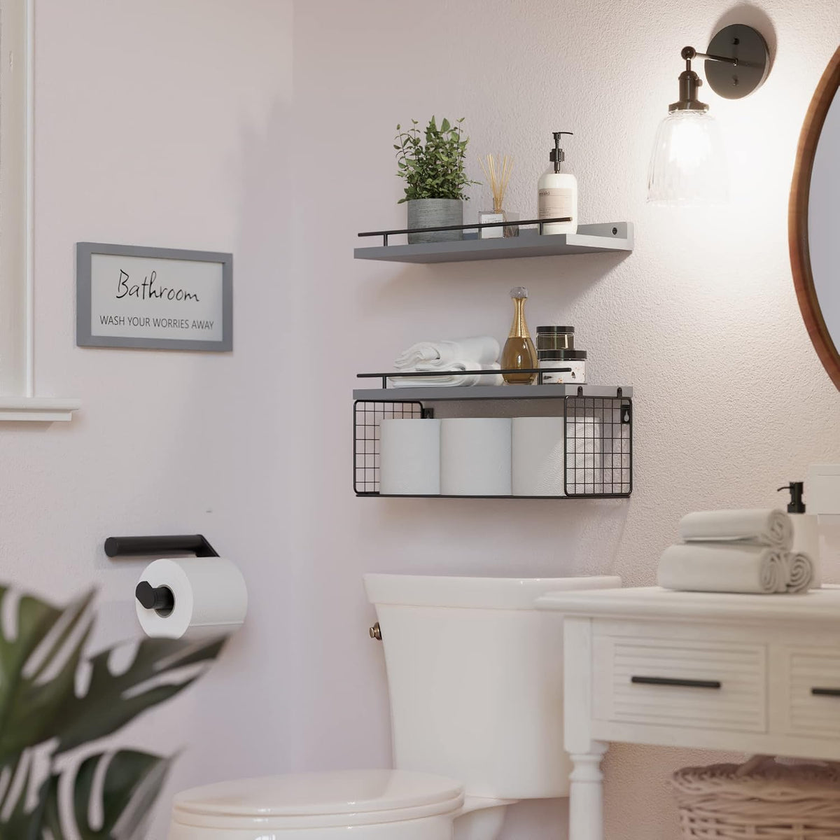 WOPITUES Floating Shelves for Bathroom Decor Art, Modern Grey
