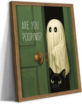 Funny Ghost Cat Halloween Bathroom Wall Art, Cute Ghost Bathroom Halloween Wall Decor Are You Pooping Picture, Vintage Framed Canvas Prints Funny Artwork for Restroom 8x10in Wood Frame
