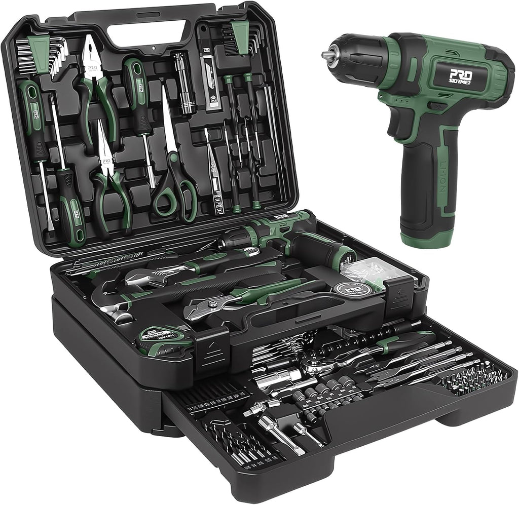 Prostormer Home Tool Kit with 8V Cordless Drill Driver, Green