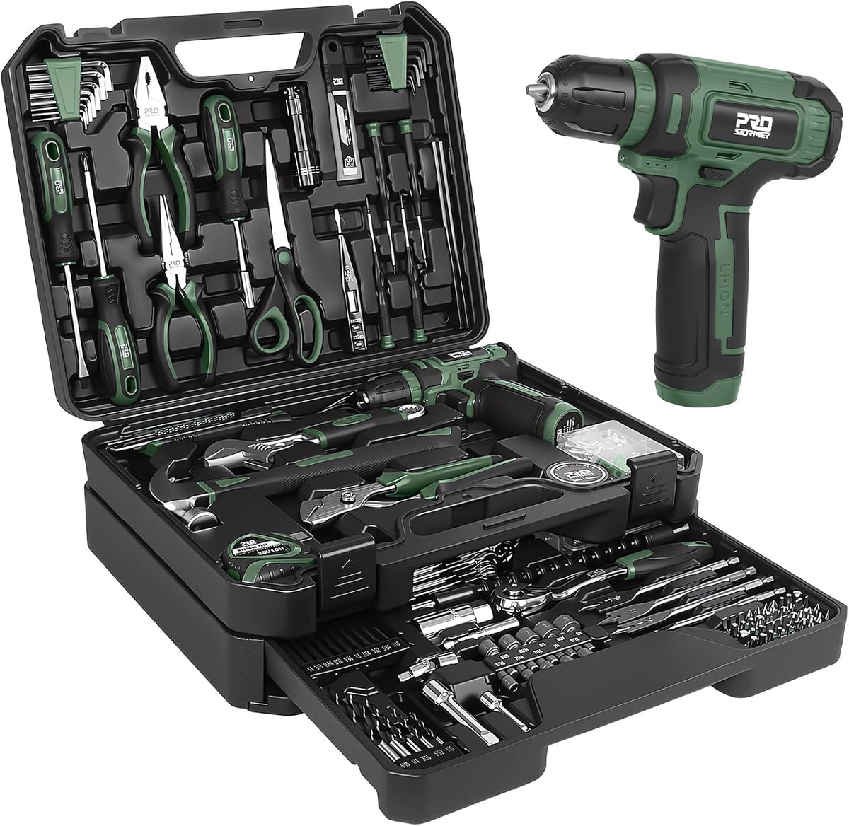Prostormer Home Tool Kit with 8V Cordless Drill Driver, Green