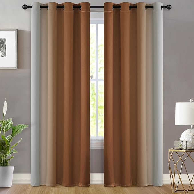 Yakamok Greyish White and Burnt Orange Ombre Curtains, Light Blocking Curtains - Image 2