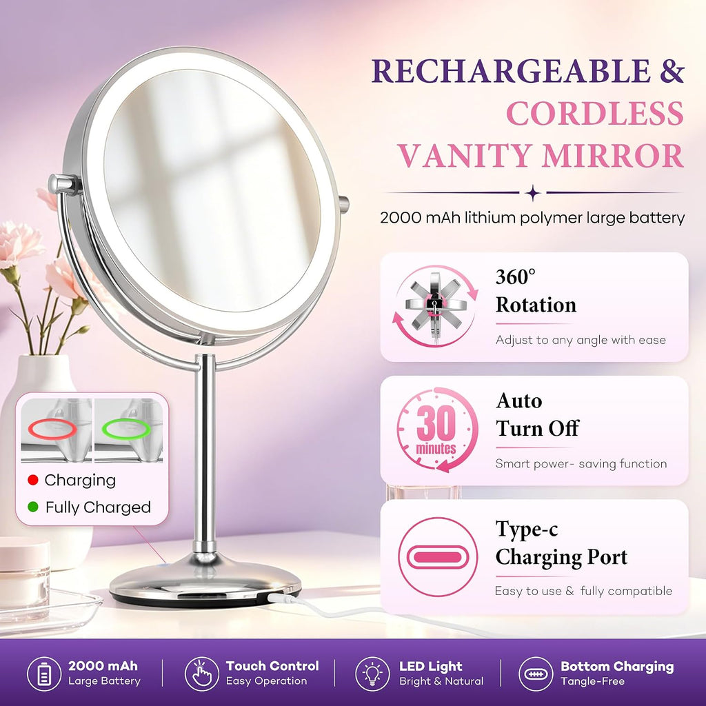 9" Makeup Mirror, 1X/20X Rechargeable Mirror with Lights