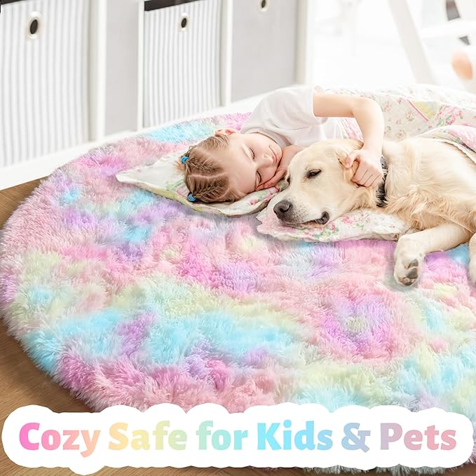Amdrebio Rainbow Fluffy Round Rug 6Ft Kids Rugs - Image 3