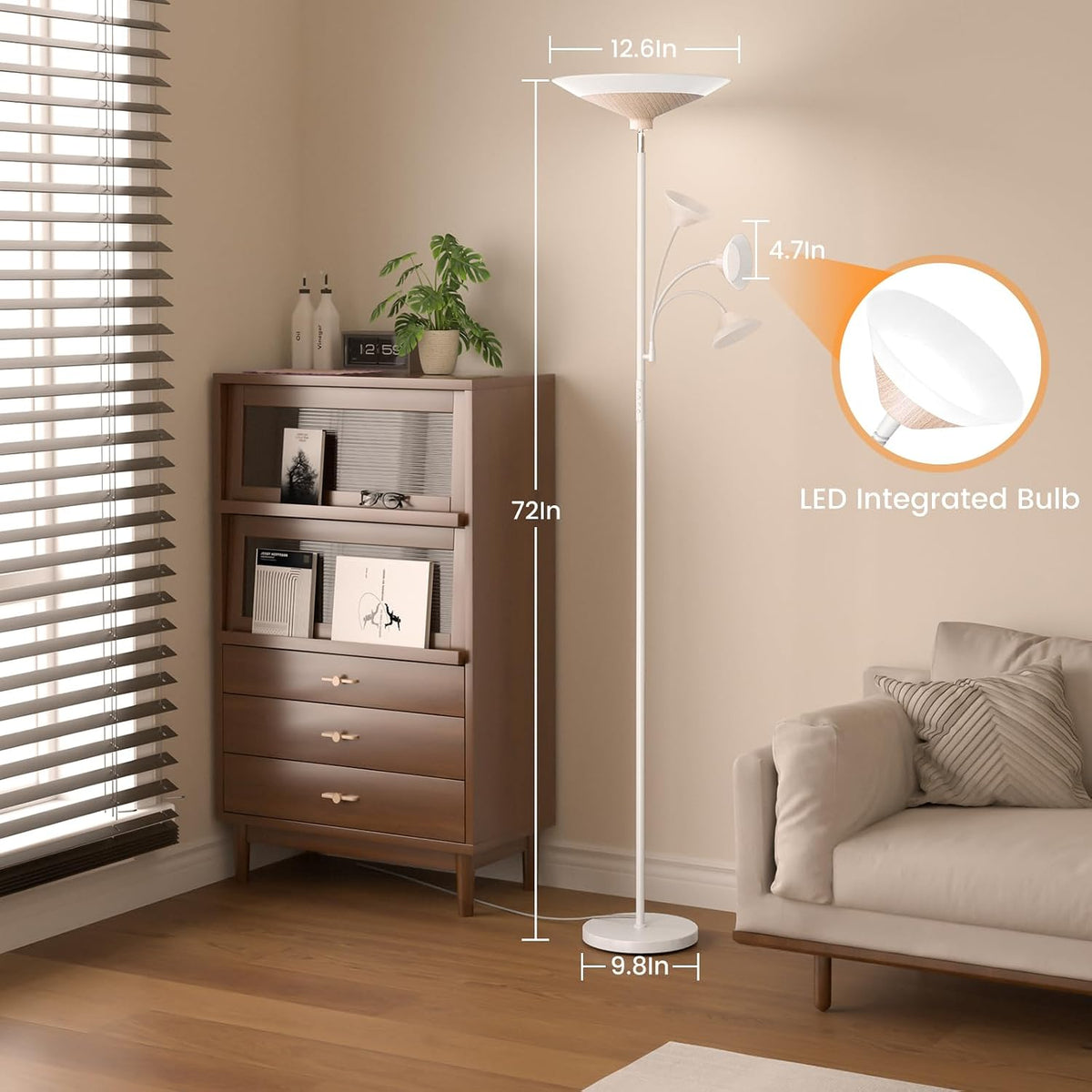 SIBRILLE Torchiere Floor Lamp with Wood Grain Shade, 72" Dimmable LED Standing Lamp with Remote, 2-in-1 Floor Reading Lamp with Color Changing, 34W White Corner Lamp for Living Room Bedroom Office