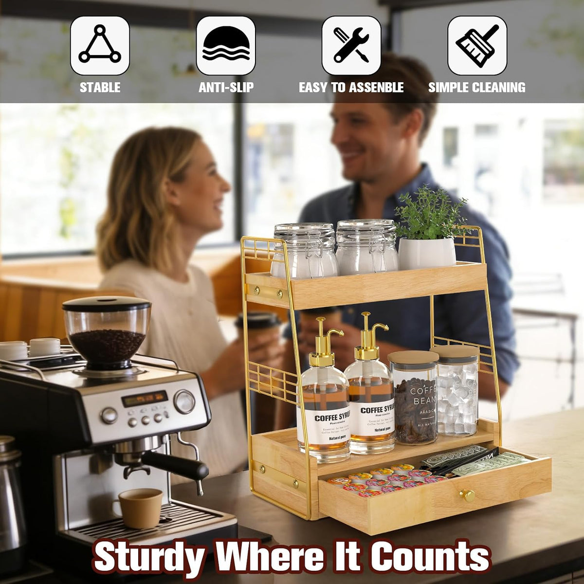 Coffee Bar Station Organizer with Drawer, 2-Tier Countertop Shelf (Natural)